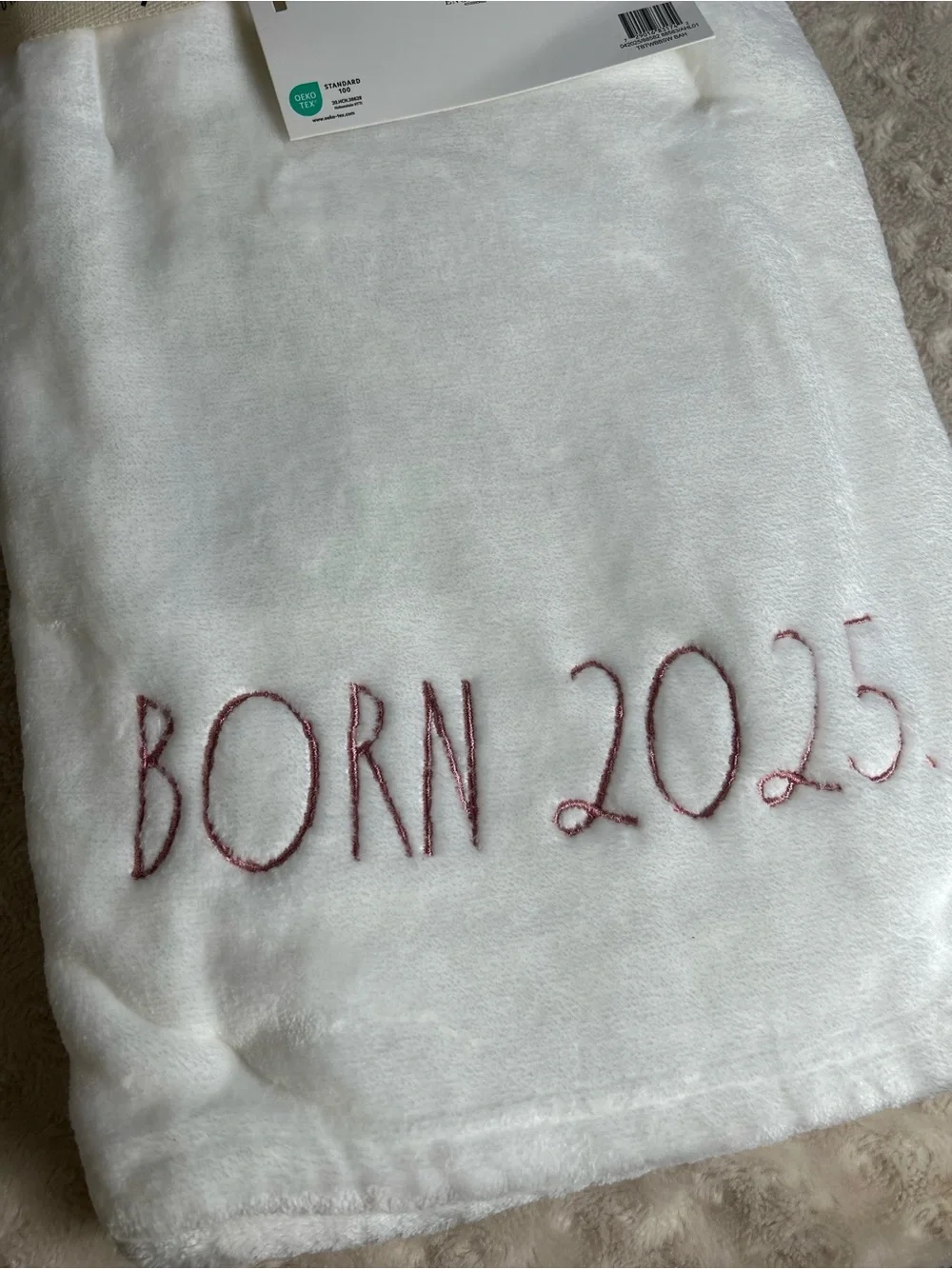 Rae Dunn Baby Born 2025 Pink White Blanket NEW Soft Plush Security Lovey